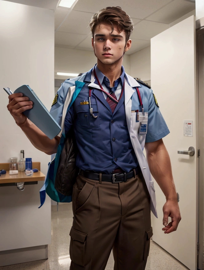 Medium shot,Medicine student ,2nd year , cool , hunk, messy brown hair , in university,uniform