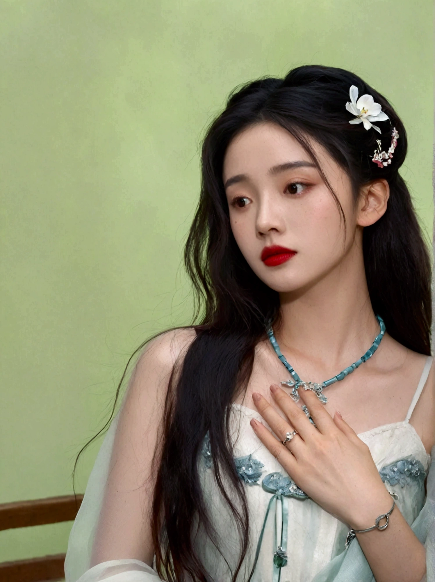 1girl, solo, long hair, black hair, jewelry, upper body, necklace, black eyes, bracelet, lips, looking to the side, looking away, ring, freckles, realistic, red lips