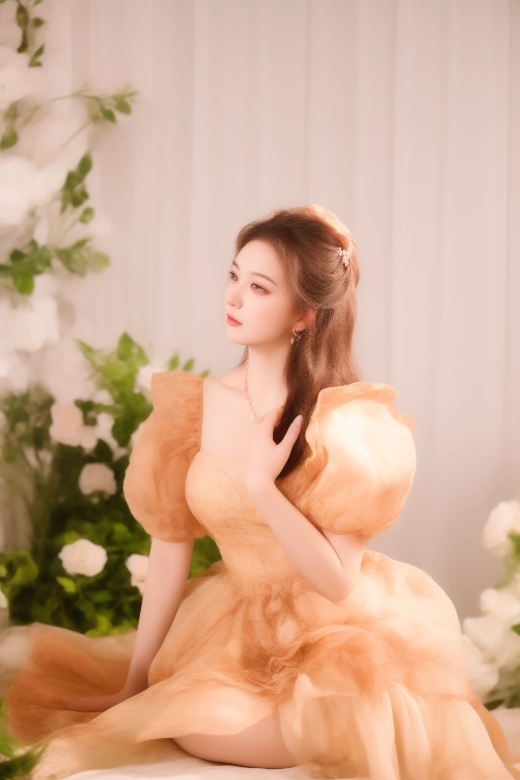 there is a woman sitting on a bed in a dress, rococo queen, wearing organza gown, rococo style portrait, lady with glowing flowers dress, rococo dress, # rococo, song hye - kyo, dilraba dilmurat, baroque dress, royal elegant pose, rococo, ivory rococo, romantic gown, inspired by Huang Ji