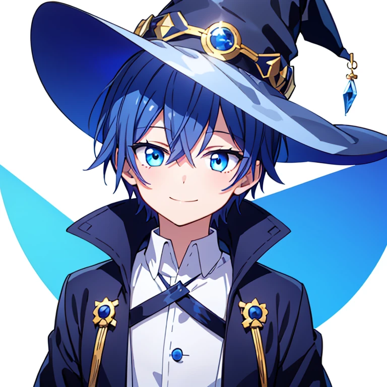 blue eyes、dark blue hair、male、Shortcuts、Round eyes、smiling、anime風、anime、White background、Witch Hat、Short Hair、boy