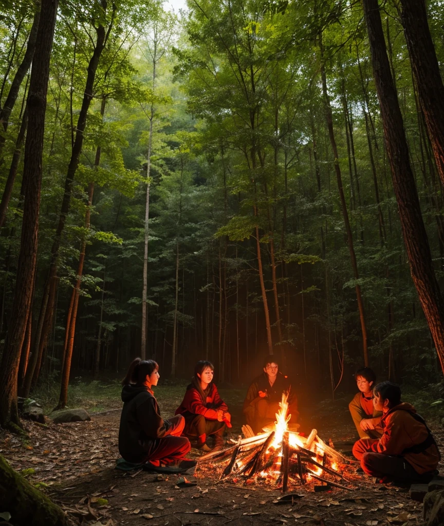 Zoom In、1 person、comfortable、red、orange、Black color scheme、Warrior、in the forest、Sit in front of the bonfire