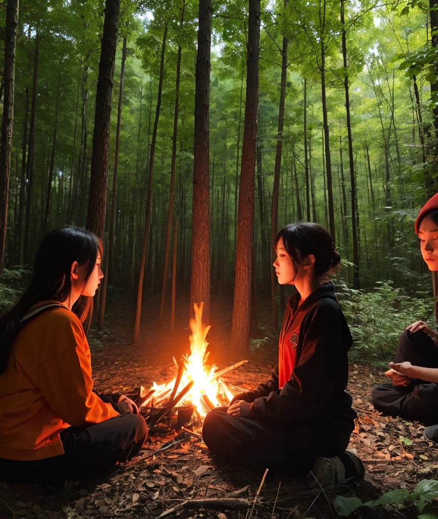 Zoom In、1 person、comfortable、red、orange、Black color scheme、Warrior、in the forest、Sit in front of the bonfire