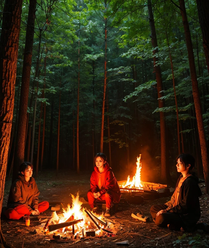 Zoom In、1 person、comfortable、red、orange、Black color scheme、Warrior、in the forest、Sit in front of the bonfire