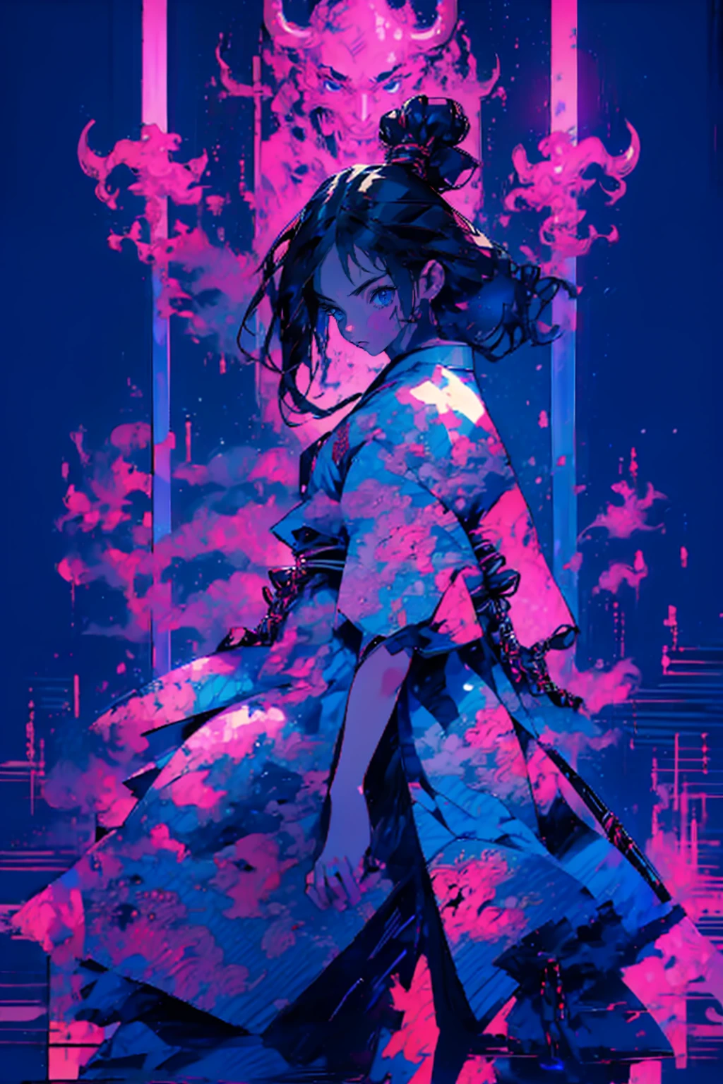 1girl,solo,cool,kimono,japanese style,samurai girl,holding katana,looking at viewer,fighting stance