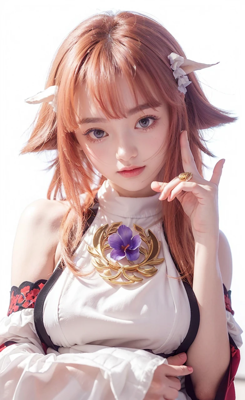 

1. **hair**:
   - Color: pink.
   - Length: shoulder length.
   - Form: hairstyle with straight hair, slightly wavy at the ends, with short straight bangs.

2. **Head and face**:
   - Oval shaped face.
   - Eyes are big, with purple irises.
   - Facial expression is calm and confident.

3. **cloth**:
   - Main part: white dress with high collar.
   - Details: the dress is decorated with red and gold elements, with flower patterns.
   - Sleeves: wide, long, with red trim and white patterns.
   - Belt: decorated with gold and purple elements.
   - The bottom of the dress is divided into two parts at the front, revealing red shorts.

4. **accessories**:
   - Gold jewelry on the head, like horns or wings.
   - Drop earrings with gold and red elements.
   - On foot: Platform sandals, with white straps and gold jewelry.

5. **General style**:
   - cloth и аксессуары имеют традиционный восточный стиль, Maybe, with elements of Japanese culture.

The girl looks elegant and sophisticated, with a distinctly aristocratic style.