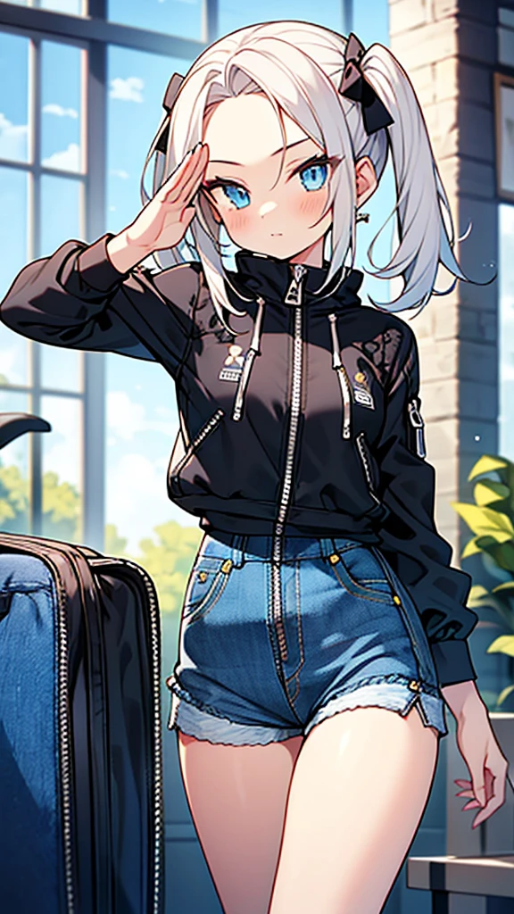 anime style,hairstyle forehead,,((Denim short pants with open zipper)),white hair,twintail hair,blue eyes,(wearing black lace panties under short pants),salute,