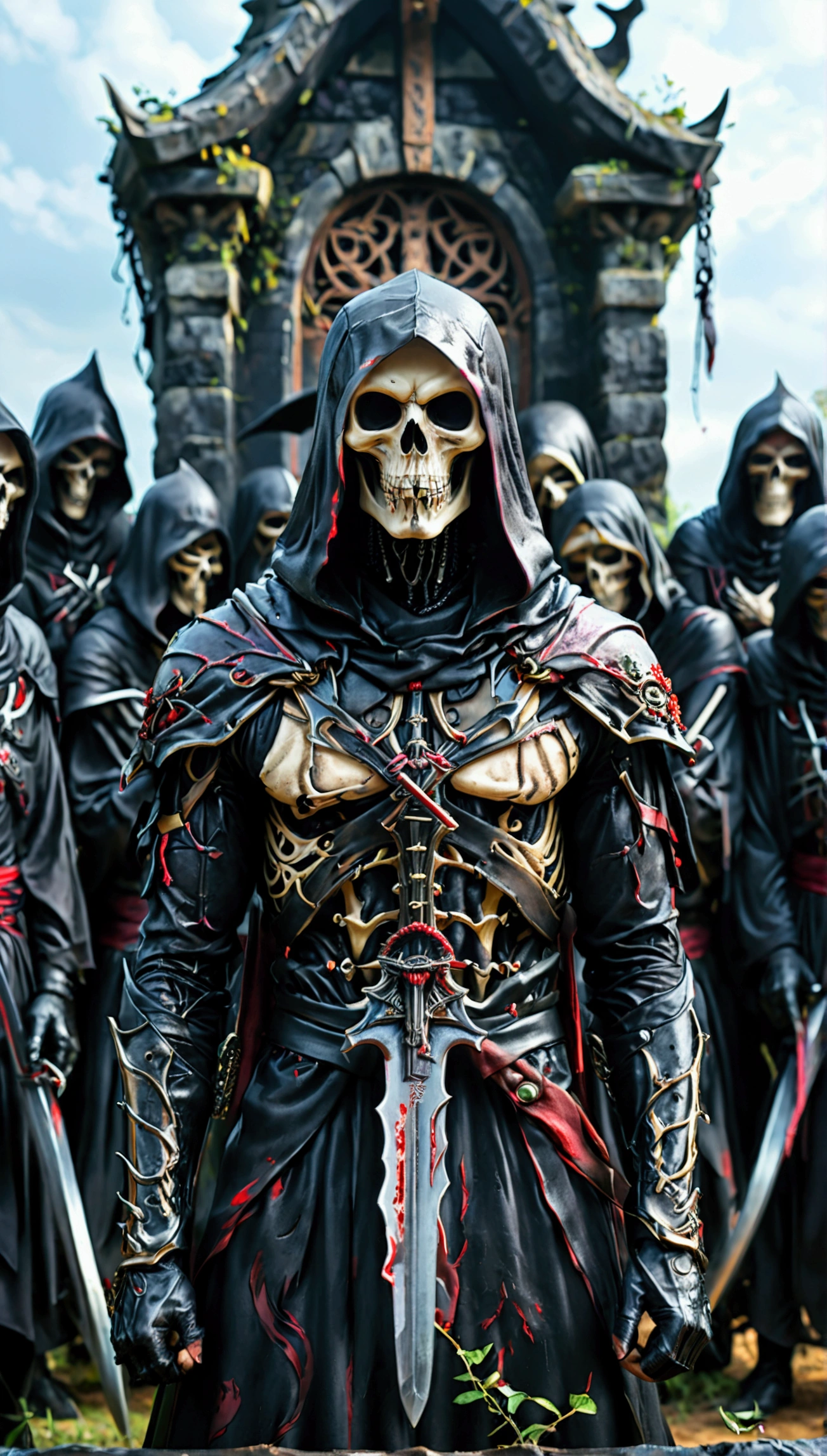 Guillotine execution platform、Around 20 grim reapers dressed in black are lined up in front of the execution block.、The Grim Reapers are lined up facing each other、With the Grim Reaper's Scythe、Graveyard of Darkness