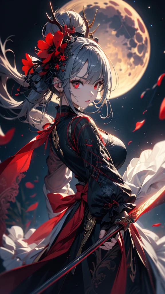 masterpiece, high quality, 4K, Beautiful design, silhouette,Gray Hair, 非常に詳細な夜のStarry Sky,Flower Field, wonderful, Finer details, Very knowledgeable woman, Highly detailed solo, 1 female,Red eyes,Big Breasts,Blue Gothic ta Fashion,Night view,Starry Sky,Red full moon,