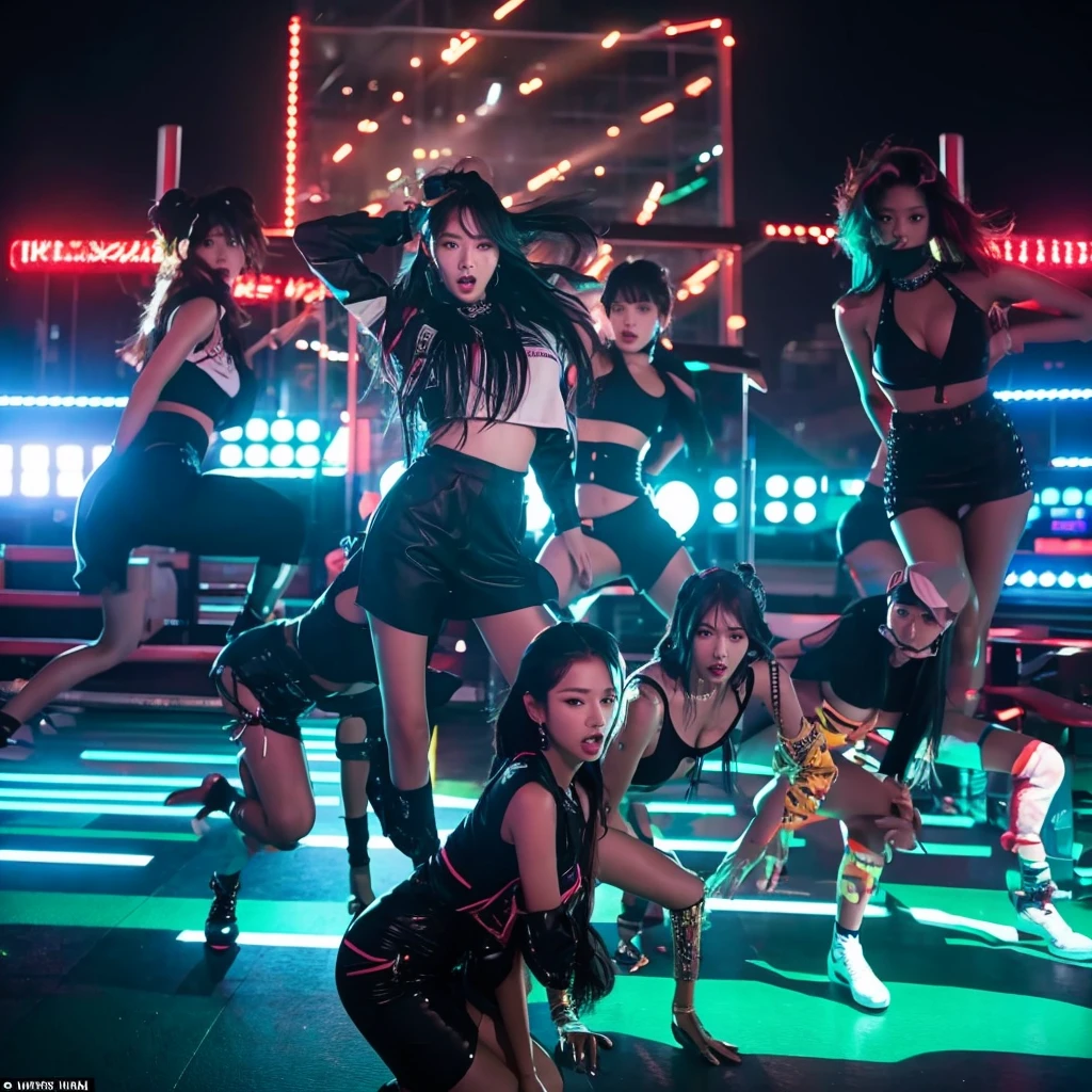 
   - Setting: A stylish rooftop with neon lights.
   - Action: The members are seen arriving individually, showcasing their unique styles. They greet each other with excitement, and as they come together, the beat drops for the chorus. 
   - Dancers: Female backup dancers join in for the first choreography sequence, featuring synchronized dance moves with  expressions. Kpop girl group south koera member  music video  siren  scene  in south  korea 