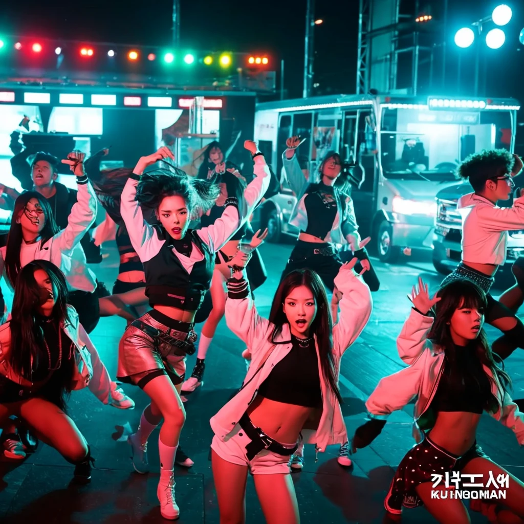 Opening Scene: Rooftop Party**
   - **Setting:** A stylish rooftop with neon lights.
   - **Action:** The members are seen arriving individually, showcasing their unique styles. They greet each other with excitement, and as they come together, the beat drops for the chorus. 
   - **Dancers:** Female backup dancers join in for the first choreography sequence, featuring synchronized dance moves with fierce expressions. Kpop girl group south koera members  music video  siren  scene 