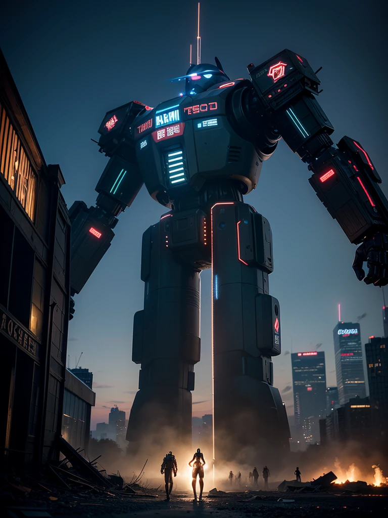 a close up of a large robot in a city with destroyed  buildings, giant mech, destroyed city , apoclapes, robot destroying city , deep cyberpunk mechanoid, advanced digital cyberpunk art, giant robot mech, robot city ruins, anime mecha aesthetic, cyberpunk dark fantasy art, hq 4k phone wallpaper, cyberpunk mechanoid, sci-fi digital art, epic fantasy sci fi illustration, cinematic 4k wallpaper