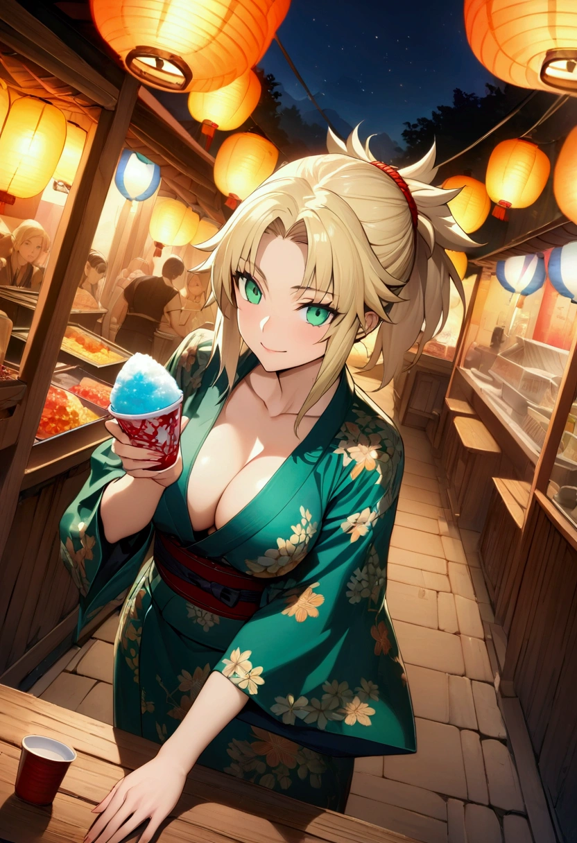 ((greatest masterpiece:1.3, ultimate quality:1.3, ultra-detailed:1.2)), (movie lighting), ((perfectly sensual)), super fine illustration, an extremely delicate and beautiful, 4K, 8K, 16K, UHD, 1girl, solo, Mordred (Fate Grand Order), gorgeous blonde hair, short ponytail, lustrous emerald eyes, voluptuous, cleavage, well-proportioned feminine body, anatomically perfect, detailed beautiful face, confident smile, perfect posture, seductive gesture, floral yukata, nape of neck, festival, Food stalls, shaved ice, night, colorful lanterns, from above, cinematic angle, official artwork, bold composition, alluring image, perfect AI assist, world-class masterpiece,