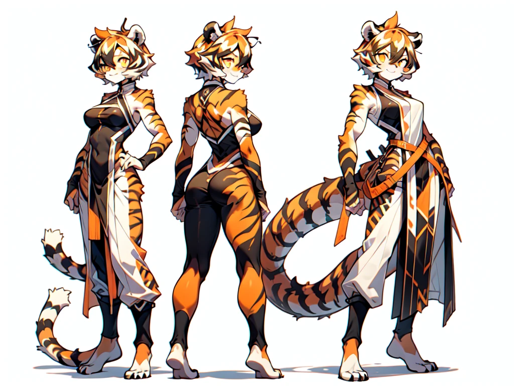 front and back,white background, full body, Standing:1.5, japan cloth,animal ears, white hair, black hair, short hair, large breasts, tiger skin，Abdominal muscles, tail, orange eyes, orange hair, multicolored hair, tiger girl, hair between eyes, tiger_ears, tiger_tail, orange-tinted_eyewear, tinted_eyewear, big breasts, evil smile, Shadows under feet, sey ass,