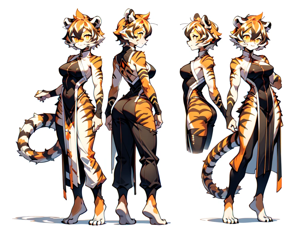 front and back,white background, full body, Standing:1.5, japan cloth,animal ears, white hair, black hair, short hair, large breasts, tiger skin，Abdominal muscles, tail, orange eyes, orange hair, multicolored hair, tiger girl, hair between eyes, tiger_ears, tiger_tail, orange-tinted_eyewear, tinted_eyewear, big breasts, evil smile, Shadows under feet, sey ass,