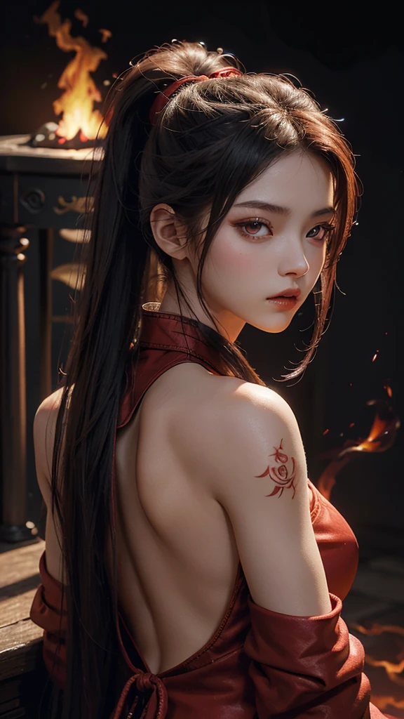 best quality,masterpiece,Ultra-high resolution,(photoactual:1.4),Dark Background,The fire is shocking,Game characters,20-year-old,a cold,Beautiful oriental woman(goddess),deep red eyes,Dark red long ponytail,Wearing red ancient Hanfu,Backless,fire tattoo,Turn around