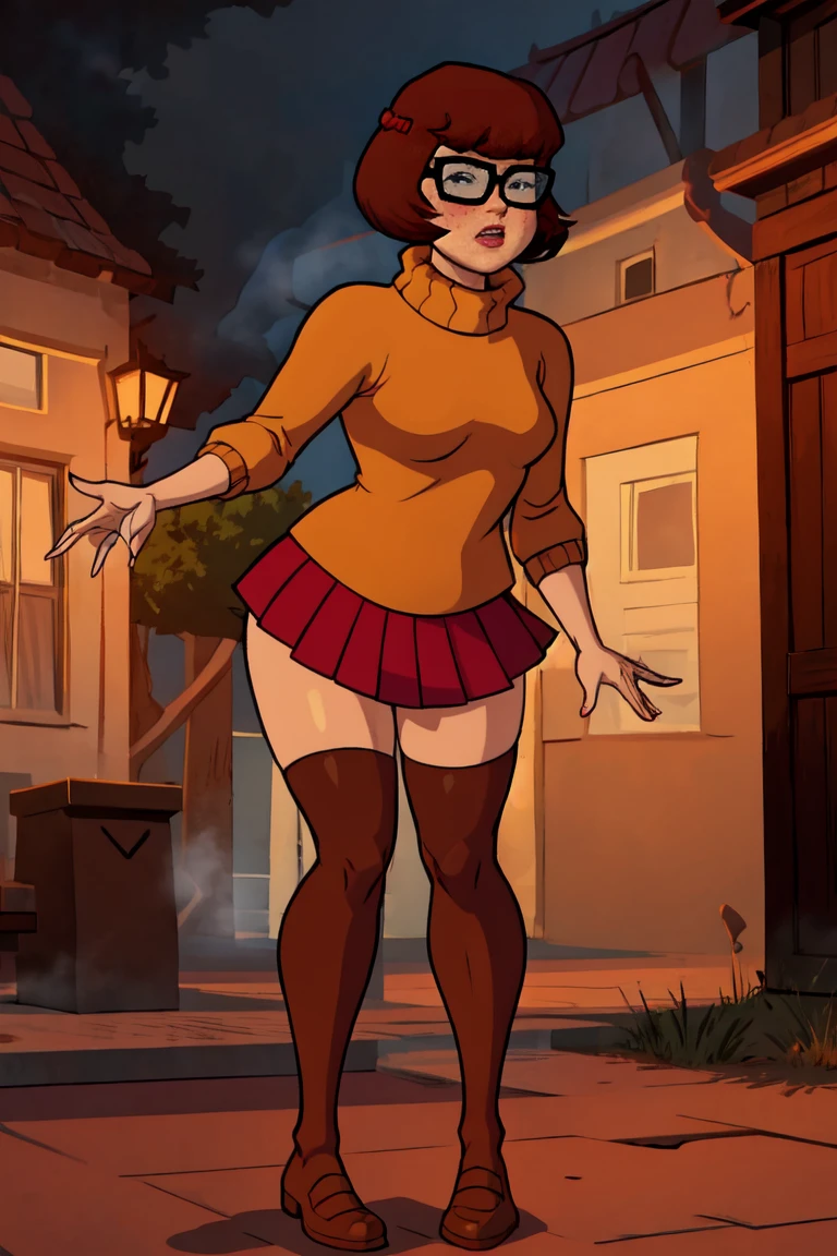 1girl, Velma from scooby-doo, solo, skinny, brown hair, black eyes, square glasses, orange turtleneck blouse and red skirt,  eyeliner, looking at viewer, lips, black bob cut, blunt bangs, blush, standing, full body, outdoors, night, fog egirlmakeup, orange stockings, on knees, mouth open