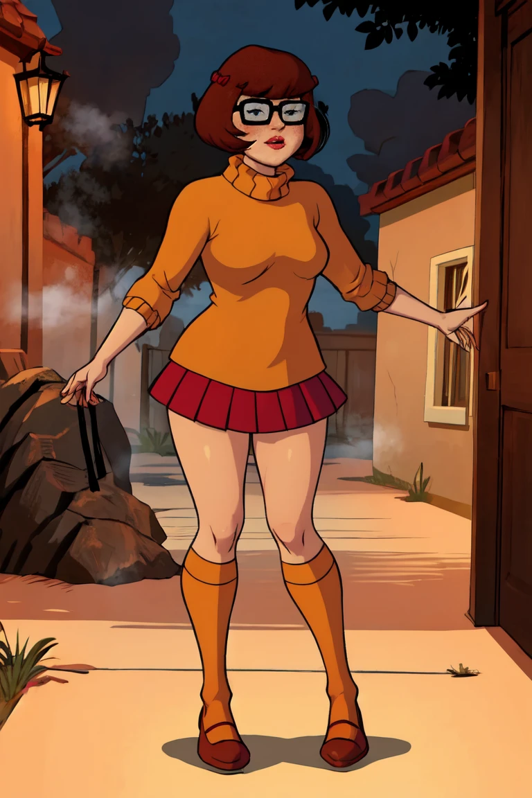 1girl, Velma from scooby-doo, solo, skinny, brown hair, black eyes, square glasses, orange turtleneck blouse and red skirt,  eyeliner, looking at viewer, lips, black bob cut, blunt bangs, blush, standing, full body, outdoors, night, fog egirlmakeup, orange stockings, on knees, mouth open