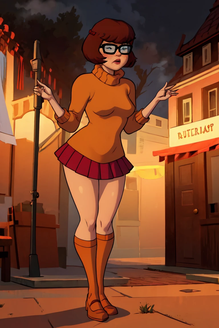 1girl, Velma from scooby-doo, solo, skinny, brown hair, black eyes, square glasses, orange turtleneck blouse and red skirt,  eyeliner, looking at viewer, lips, black bob cut, blunt bangs, blush, standing, full body, outdoors, night, fog egirlmakeup, orange stockings, on knees, mouth open