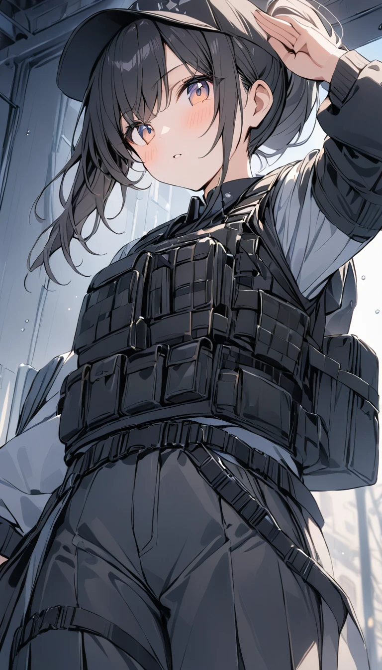 depth of field, Shine, blurry foreground, f/2.8, 35mm, uhd, ((masterpiece)), high quality, super detail, 最high quality, High resolution,(salute:Right hand),Special Forces Girls,ponytail,Bulletproof vest,Black cap