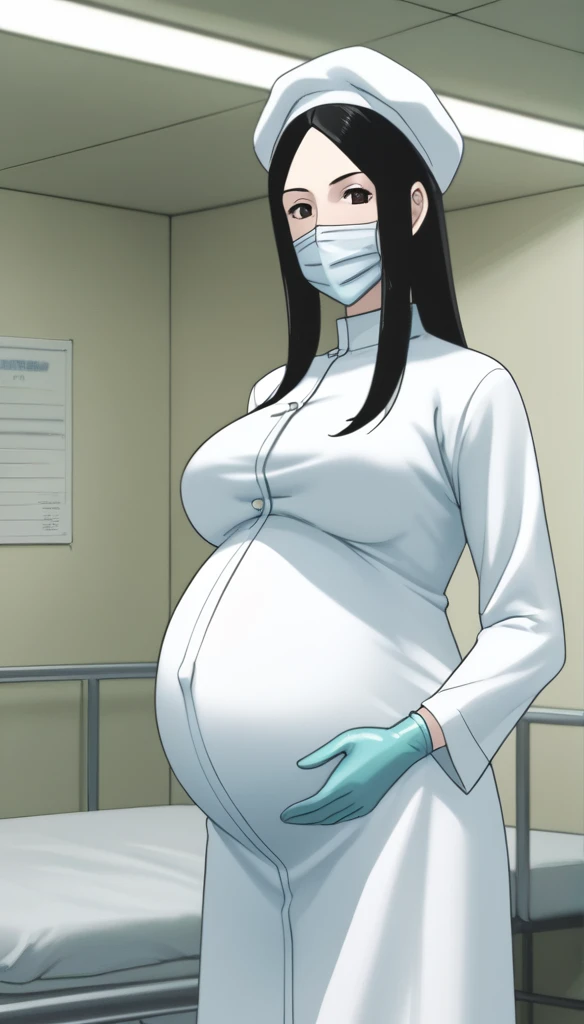 score_9, score_8_up, score_7_up, source_anime, raw image, masterpiece, highest quality, kasuganoray, pale skin, she narrowed her eyes, eyes want to have sex, her eyes were filled with a high level of lust, looking_at_viewer, long black hair, close ears, big breasts, scrubs, surgical mask, bouffant cap, long sleeve maternity dress, put on another long sleeved coat, seamless, navel head, the dress isn't wrinkled, tight fitting, long white stockings,
1girl, pregnant, solo, sexy, long rubber gloves, looking down, look at viewer, furrowed brow, hospital bed, light shines from the ceiling, standing, patient room background,