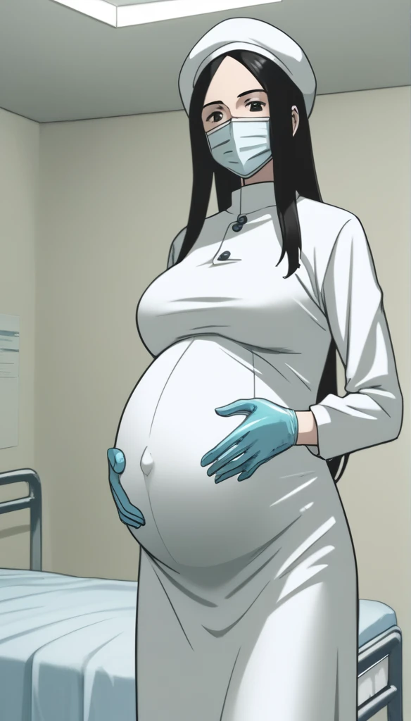 score_9, score_8_up, score_7_up, source_anime, raw image, masterpiece, highest quality, kasuganoray, pale skin, she narrowed her eyes, eyes want to have sex, her eyes were filled with a high level of lust, looking_at_viewer, long black hair, close ears, big breasts, scrubs, surgical mask, bouffant cap, long sleeve maternity dress, put on another long sleeved coat, seamless, navel head, the dress isn't wrinkled, tight fitting, long white stockings,
1girl, pregnant, solo, sexy, long rubber gloves, looking down, look at viewer, furrowed brow, hospital bed, light shines from the ceiling, standing, patient room background,