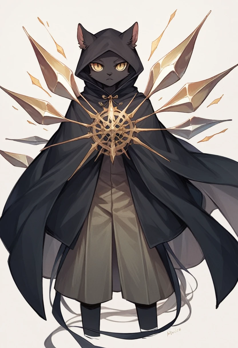 create a picture of an anthropomorphic cat character with black fur and yellow eyes, make his body thin and slender, make him wearing a black closed cloak, make him holding a compound bow, make it in an anime style