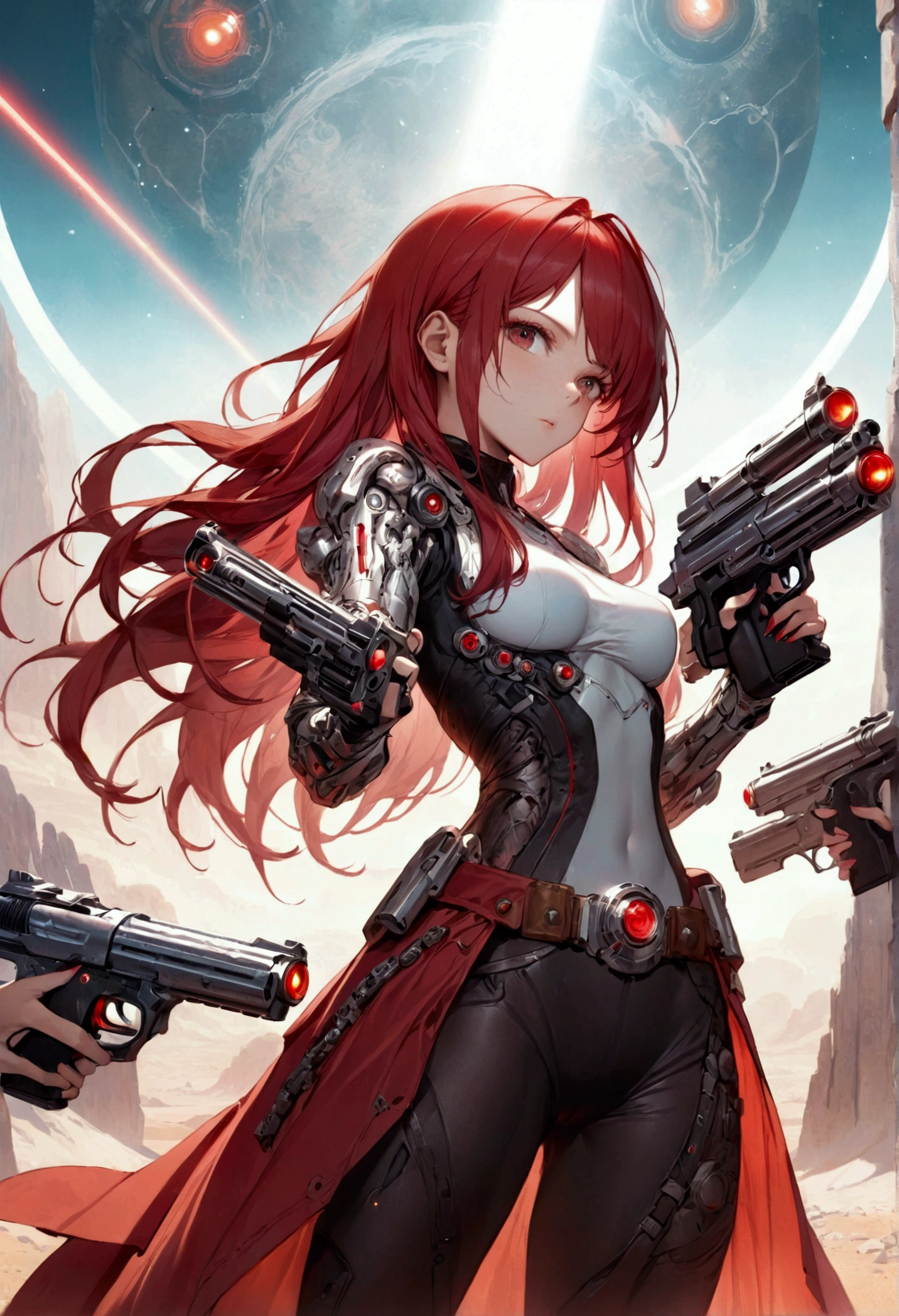 cyborg far west sexy long red hair on an alien planet two huge laser pistols in her hands