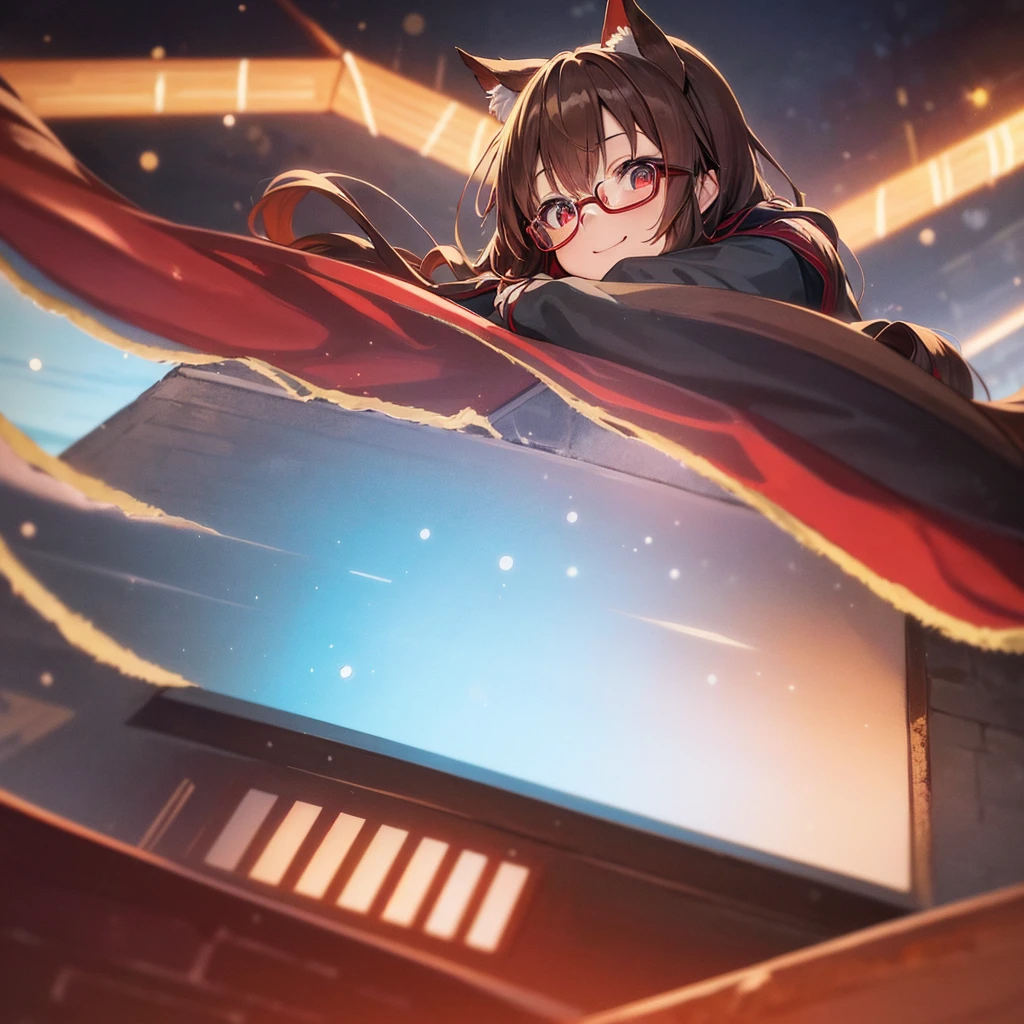 asuna, sao, crown half up hairstyle, Girl, Big Breasts, Black Valley, Red pupil, Red glasses, Mischievous Smile, Brown shorthair, Animal Ears, Winter season, (Light blue and red open front fur hooded jacket:1.1), (Black pleated skirt:1.1), Girl sitting, sunset, UHD, masterpiece, accurate, anatomically correct, 8k, retina