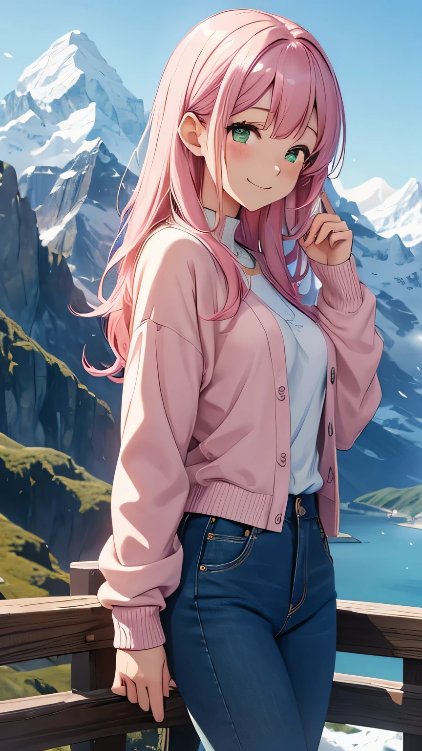 An 18-year-old anime girl with large jade green eyes and a joyful smile stands on a mountain peak, with her head slightly tilted and her eyes closed. Sakura Mizuki, with her waist-length pink hair styled in soft waves, is dressed in a light, casual outfit: a white blouse, a soft pink cardigan, and comfortable jeans. The backdrop features stunning mountain scenery with snow-capped peaks and a clear blue sky. Sakura holds a pair of hiking poles, and her relaxed pose reflects her enjoyment of the breathtaking view. Her cheerful expression and the serene mountain landscape create a sense of adventure and tranquility.