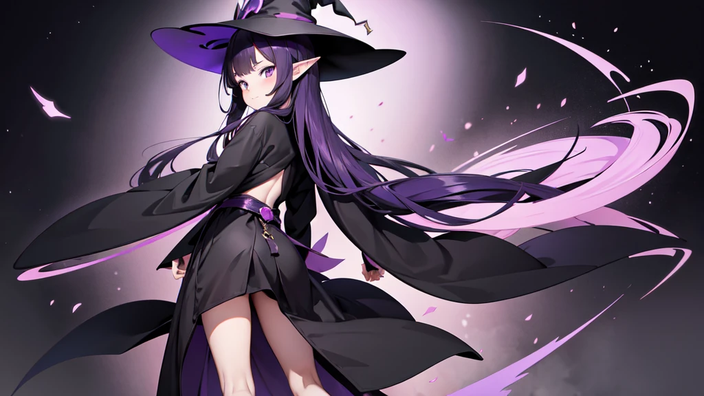 Anime girl with long purple hair and black robe. Witch hat. Pointy ears. Cute as a cartoon. Back view. Full body facing backwards. Her whole body is visible from her head to her feet. Skirt is short.