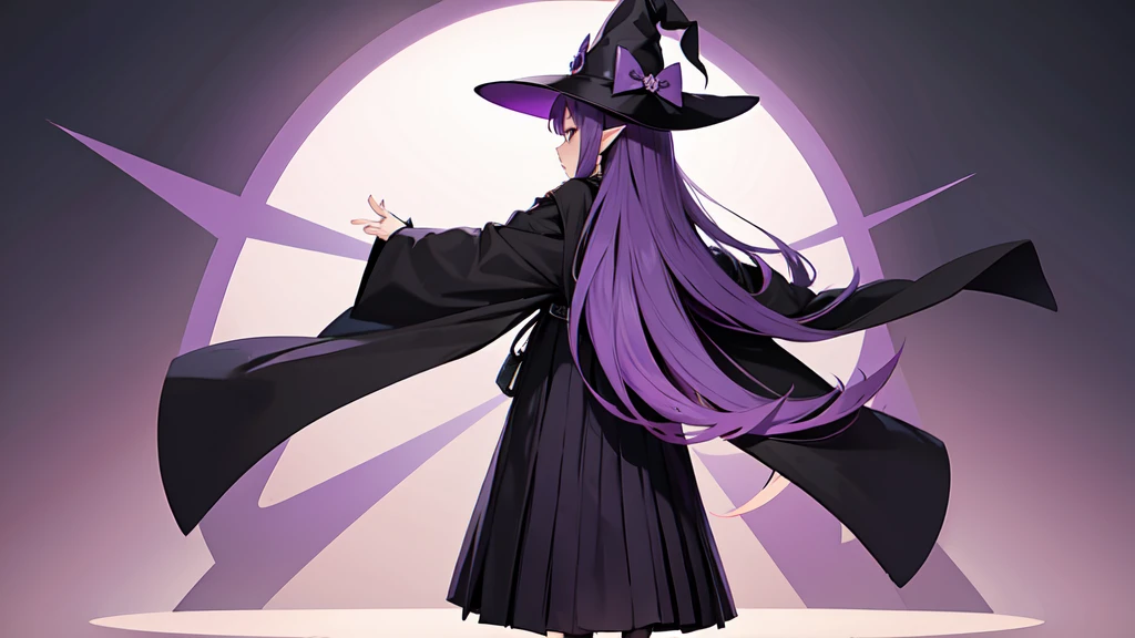 Anime girl with long purple hair and black robe. Witch hat. Pointy ears. Cute as a cartoon. Back view. Full body facing backwards. Her whole body is visible from her head to her feet. Skirt is short.