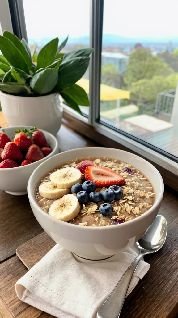 ((best quality)), ((masterpiece)), (detailed), A hyper-realistic, natural photo of a bowl of oatmeal taken with a smartphone by an influencer, showing her breakfast. The oatmeal is topped with fresh fruits like strawberries, blueberries, and banana slices, with a drizzle of honey on top. The bowl is placed on a wooden table with a cozy, morning ambiance. In the background, there's a cup of coffee, a spoon, and a napkin, all arranged casually. The lighting is soft and natural, coming from a nearby window, creating a warm and inviting atmosphere. The photo is highly detailed, capturing the texture of the oatmeal, the freshness of the fruits, and the slight reflections on the honey. The image looks like it was posted on social media, with an authentic and unfiltered feel.