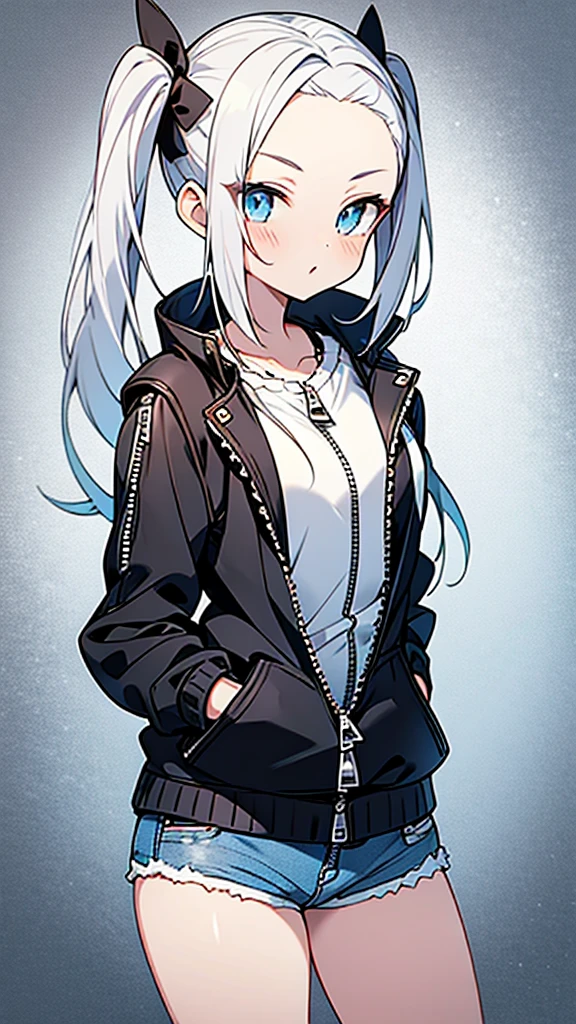 anime style,hairstyle forehead,teen girl,((Denim short pants with open zipper)),white hair,twintail hair,blue eyes,(wearing black lace panties under short pants),