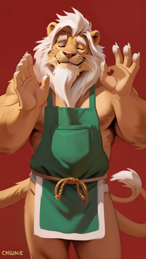 by chunie by catsudon by retros, male,((mature,mature male)),(Bearded,mustæhe)), felid, solo, Lion,(white hair), ficialhair, facing mewer, (((closed eyes))), ((smilling)), feline claws, (5 fingers), solid red background, shirtless,apron, smile, (((ok gesture))), palm forward,
