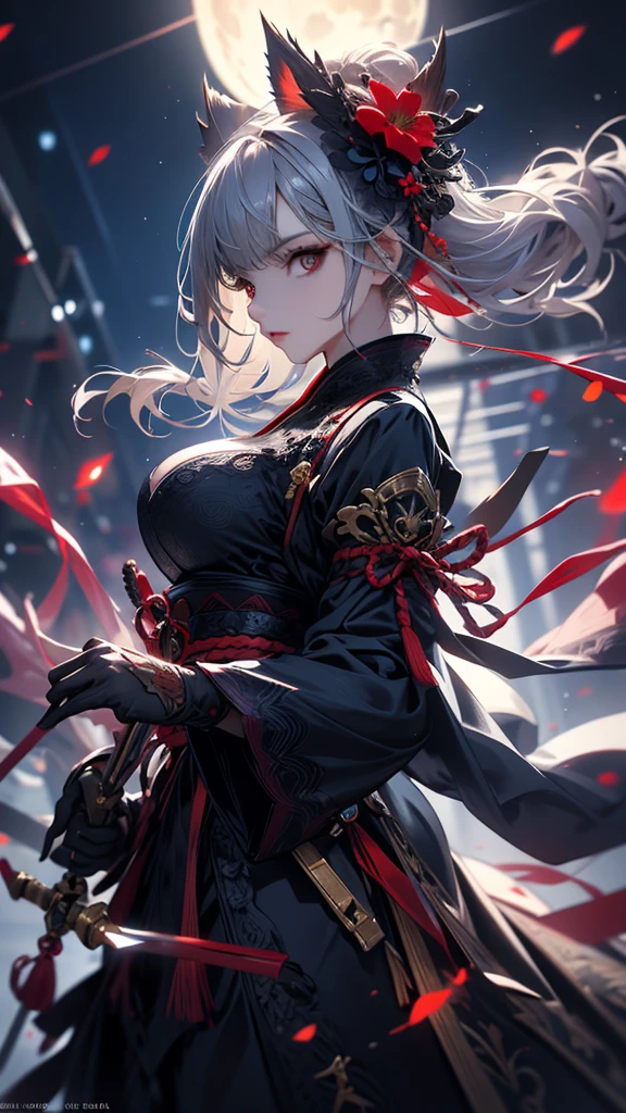 masterpiece, high quality, 4K, Beautiful design, silhouette,Gray Hair, 非常に詳細な夜のStarry Sky,Flower Field, wonderful, Finer details, Very knowledgeable woman, Highly detailed solo, 1 female,Red eyes,Big Breasts,Blue Gothic Lolita Fashion,Night view,Starry Sky,Red full moon,