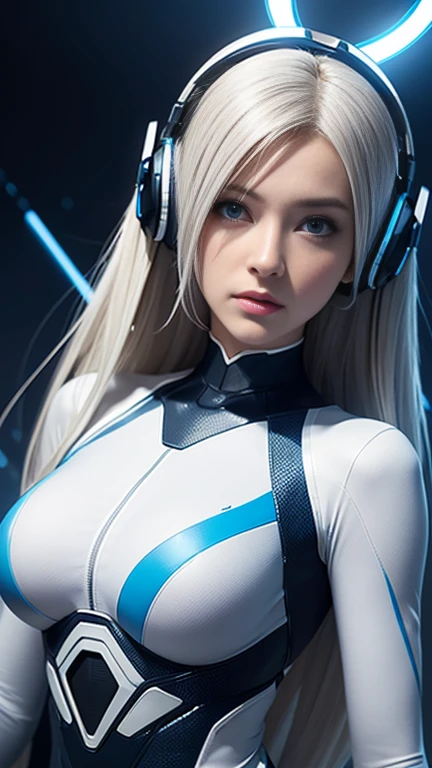 Create a high-resolution, futuristic character portrait featuring a young woman with an exceptionally beautiful and delicate face. She has long, sleek, platinum blonde hair, tied back neatly, enhancing her sophisticated look. Her eyes are a captivating shade of light blue, and her expression is calm yet determined. She is adorned in a high-tech, form-fitting white bodysuit with metallic and blue accents, which emphasize her graceful and athletic figure. The bodysuit is detailed with futuristic designs, including glowing blue lines and integrated technological elements, giving her a cyborg-like appearance. She wears a pair of advanced, futuristic headphones that integrate seamlessly with her outfit. The background consists of a sleek, minimalistic white backdrop with a glowing circular halo, accentuating the high-tech and sci-fi atmosphere of the scene, medium long shot