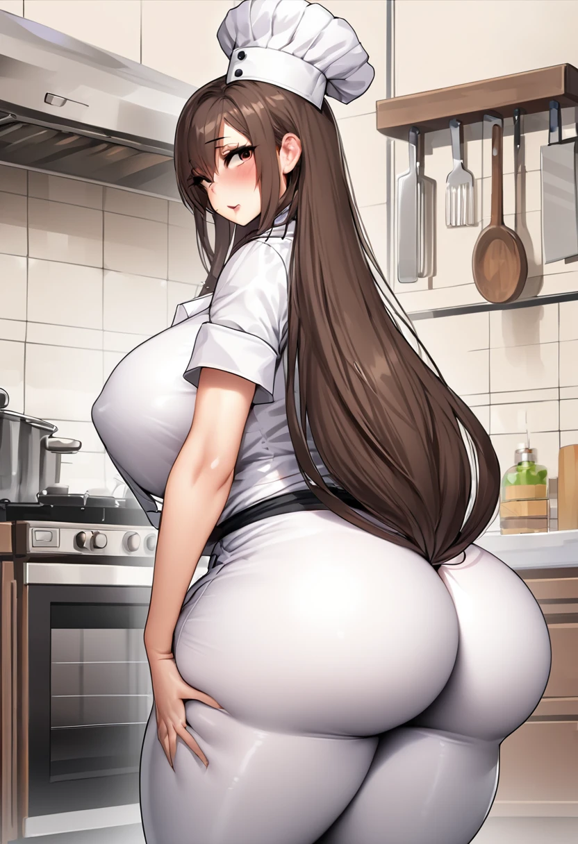 Highest quality, 1girl, solo, dark brown hair, long hair, dark brown eyes, huge thighs, ((huge ass)), chef outfit, standing, behind, looking back, kitchen