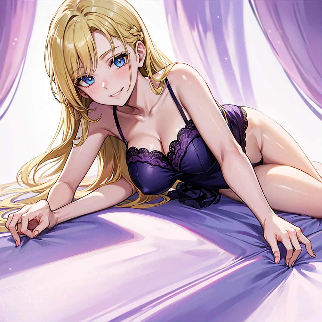 1girl, 独奏, breasts big, hourglass body, gazing at viewer, high resolution, blue colored eyes, Laughter, hair blonde, pretty long hair, hair slicked back, Hair over the shoulder, loose hair, flushed, Laughter, make up, slightly-smile, excited face, ass pov, anime styling, dressed in lingerie covering the purple sexy transparent body, lying sideways on the bed, location room suite, dark ambient light, purple sheets