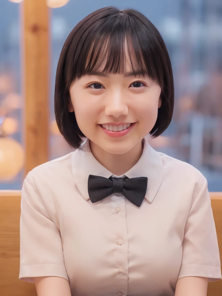 (8k, RAW Photos, Highest quality, masterpiece:1.2), (Realistic, photo-Realistic:1.37), Very detailed, 1 girl,cute, alone,Beautifully detailed skies,Detailed Cafe,night,Sitting,Date,(Red nose),(smile:1.1),(Mouth closed),Large Breasts, seductive smile, Large opening, Professional Lighting, Sony A7R4, Zesse 50mm F1.8, Medium chest,Beautiful attention to detail,(Collared shirt:1.1), bow tie,Pleated skirt,(short hair:1.2),Floating Hair