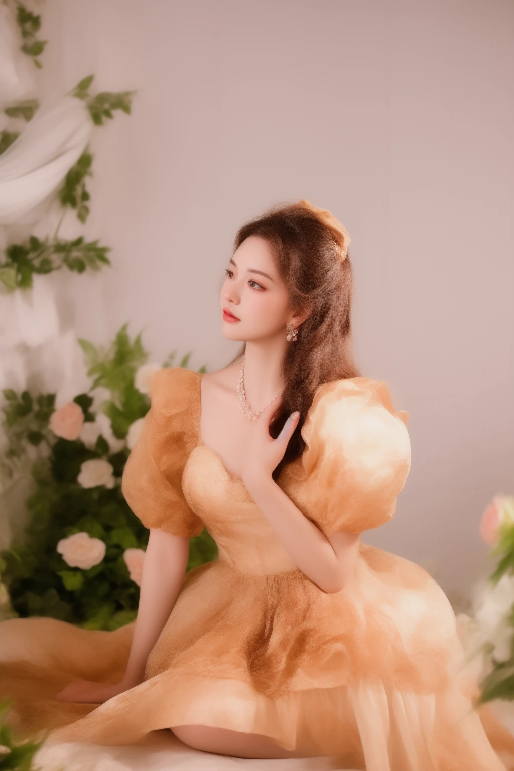 there is a woman sitting on a bed in a dress, rococo queen, rococo style portrait, wearing organza gown, rococo dress, baroque dress, lady with glowing flowers dress, # rococo, song hye - kyo, dress in the style of rococo, royal elegant pose, historical baroque dress, rococo, ivory rococo, inspired by Huang Ji