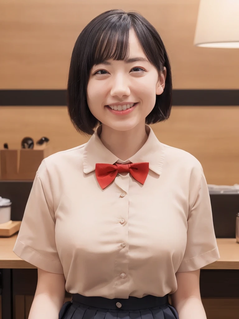 (8k, RAW Photos, Highest quality, masterpiece:1.2), (Realistic, photo-Realistic:1.37), Very detailed, 1 girl,cute, alone,Beautifully detailed skies,Detailed Cafe,night,Sitting,Date,(Red nose),(smile:1.1),(Mouth closed),Large Breasts, seductive smile, Large opening, Professional Lighting, Sony A7R4, Zesse 50mm F1.8, Medium chest,Beautiful attention to detail,(Collared shirt:1.1), bow tie,Pleated skirt,(short hair:1.2),Floating Hair