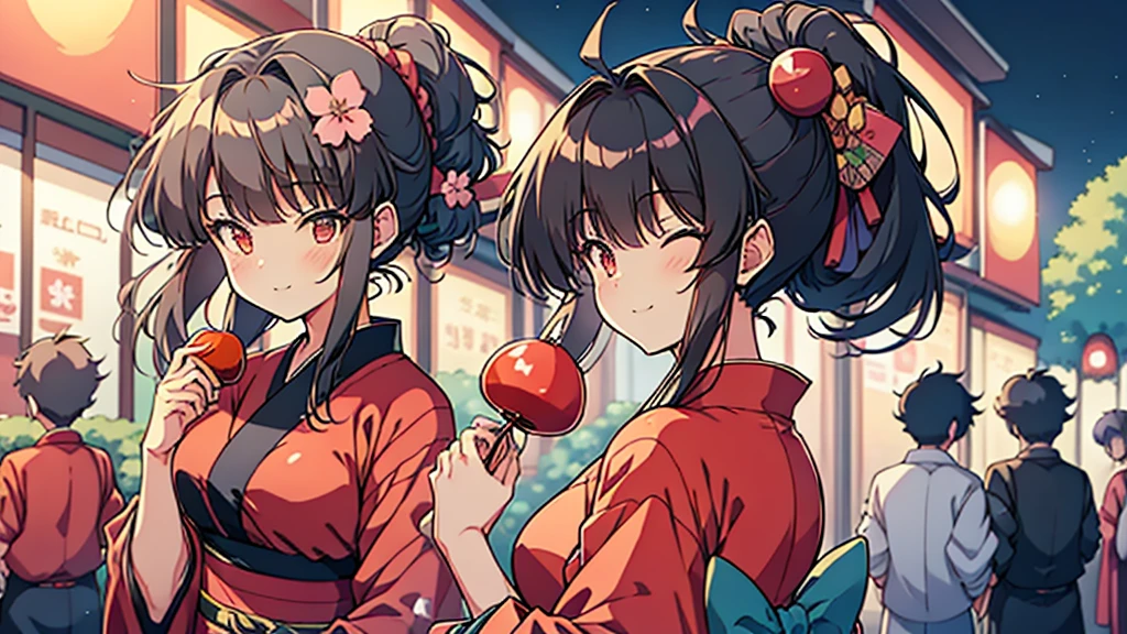 1female, dress in yukata, ponytail hair, black hair, closed eyes, smile, holding candy apple, festival, summer festival, night, simple street, trees, anime, manga, anime art, potrait