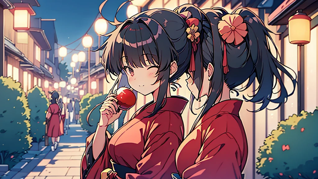 1female, dress in yukata, ponytail hair, black hair, closed eyes, smile, holding candy apple, festival, summer festival, night, simple street, trees, anime, manga, anime art, potrait