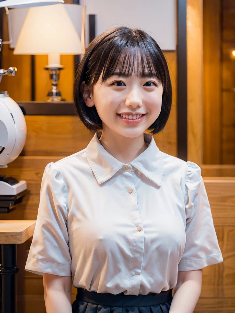 summer、Gothic ta、(upper body shot)、looking camera(8k, RAW Photos, Highest quality, masterpiece:1.2), (Realistic, photo-Realistic:1.37), Very detailed, 1 girl,cute, alone,Beautifully detailed skies,Detailed Cafe,night,Sitting,Date,(Red nose),(smile:1.1),(Mouth closed),Large Breasts, seductive smile, Large opening, Professional Lighting, Sony A7R4, Zesse 50mm F1.8, Medium chest,Beautiful attention to detail,(Collared shirt:1.1), bow tie,Pleated skirt,(short hair:1.2),Floating Hair