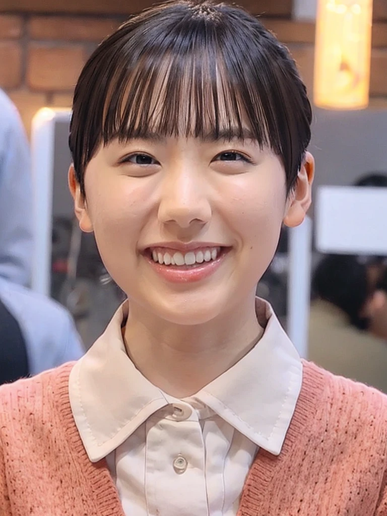 (8k, RAW Photos, Highest quality, masterpiece:1.2), (Realistic, photo-Realistic:1.37), Very detailed, 1 girl,cute, alone,Beautifully detailed skies,Detailed Cafe,night,Sitting,Date,(Red nose),(smile:1.1),(Mouth closed),Large Breasts, seductive smile, Large opening, Professional Lighting, Sony A7R4, Zesse 50mm F1.8, Medium chest,Beautiful attention to detail,(Collared shirt:1.1), bow tie,Pleated skirt,(short hair:1.2),Floating Hair