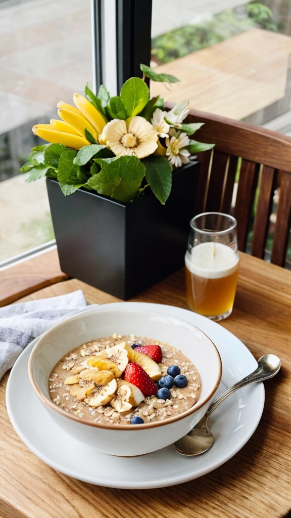 ((best quality)), ((masterpiece)), (detailed), A hyper-realistic, natural photo of a bowl of oatmeal taken with a smartphone by an influencer, showing her breakfast. The oatmeal is topped with fresh fruits like strawberries, blueberries, and banana slices, with a drizzle of honey on top. The bowl is placed on a wooden table with a cozy, morning ambiance. In the background, there's a cup of coffee, a spoon, and a napkin, all arranged casually. The lighting is soft and natural, coming from a nearby window, creating a warm and inviting atmosphere. The photo is highly detailed, capturing the texture of the oatmeal, the freshness of the fruits, and the slight reflections on the honey. The image looks like it was posted on social media, with an authentic and unfiltered feel.