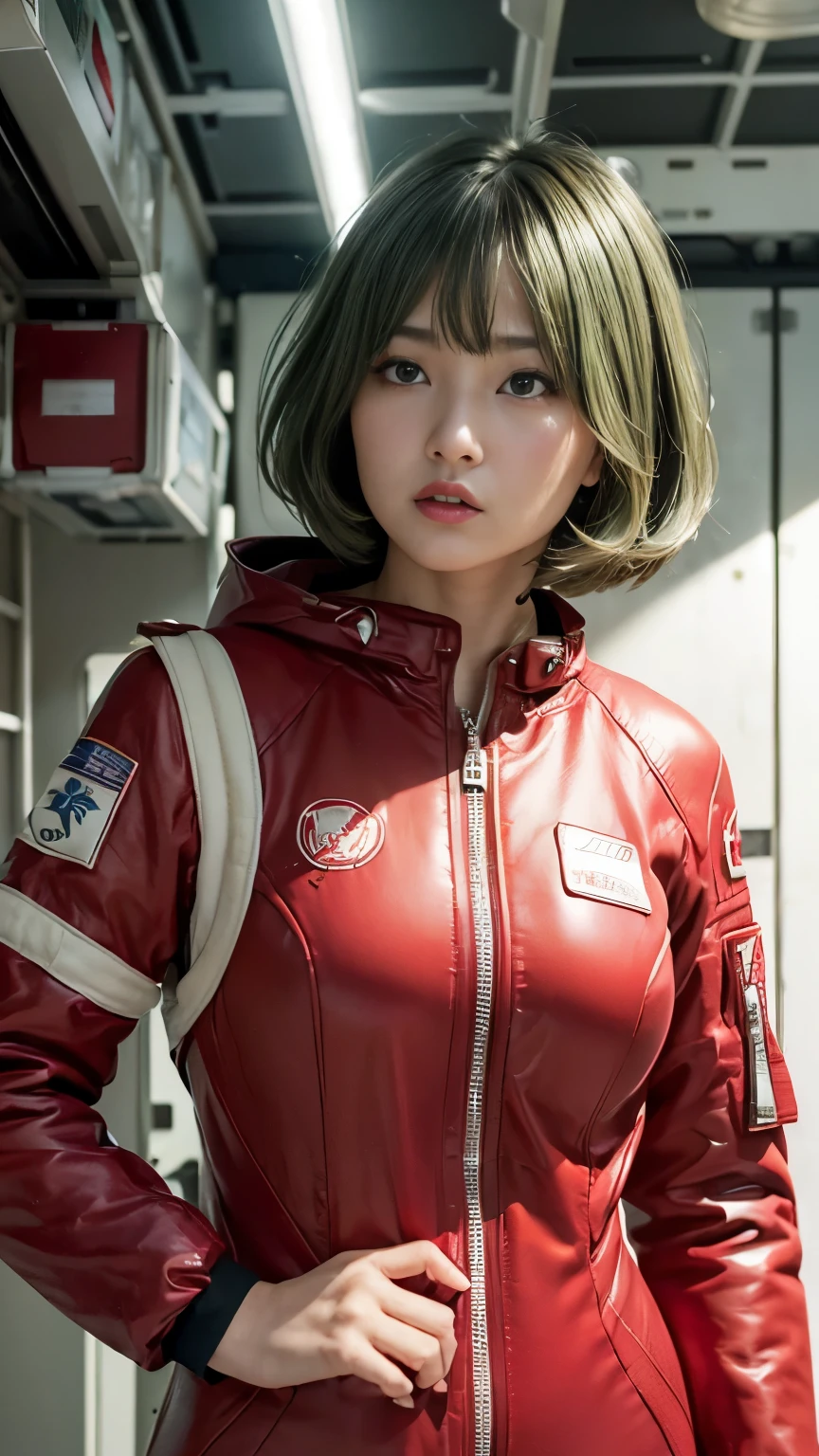 (hyper real)、future female pilots、
Huge　Beautiful woman　High level image quality　High resolution　realistic　short hair　bionde、　biondeの女性、mature woman、middle-aged women、((big big skin texture、超High resolution、realistic、Chubby body type、angry face、beauty of middle age、beautiful expression、Detailed green ironed fluffy hair、Kamimei、Very delicate and delicate skin texture、３５A woman piloting a giant space station)、female pilot batlight red lips、((Wear a red flight suit))、(((alone)))、