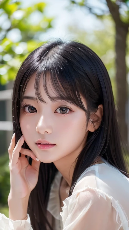 ((8K RAW Photos:1.27)、Highest quality、masterpiece、Ultra-high resolution:1.2) Cute Japanese Women Photos (beautiful:1.parkling black diamond eyes、Detailed description of the student、Shiny black hair、Silky, delicate and lustrskin、beautiful八重歯の笑顔、Spring outfit、Warm Light、Depth of written boundary、