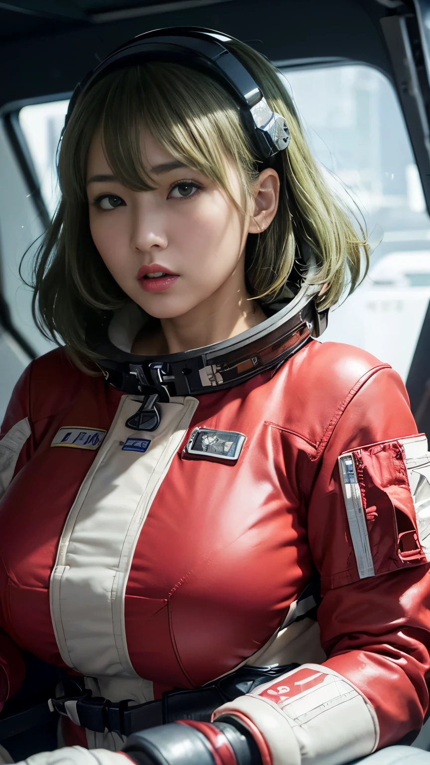 (hyper real)、future female pilots、
Huge Beautiful woman High level image quality High resolution realistic short hair bionde、 biondeの女性、mature woman、middle-aged women、((big big skin texture、超High resolution、realistic、Chubby body type、angry face、beauty of middle age、beautiful expression、Detailed green ironed fluffy hair、Kamimei、Very delicate and delicate skin texture、35A woman piloting a giant space station)、female pilot batlight red lips、((Wear a red flight suit))、(((alone)))、