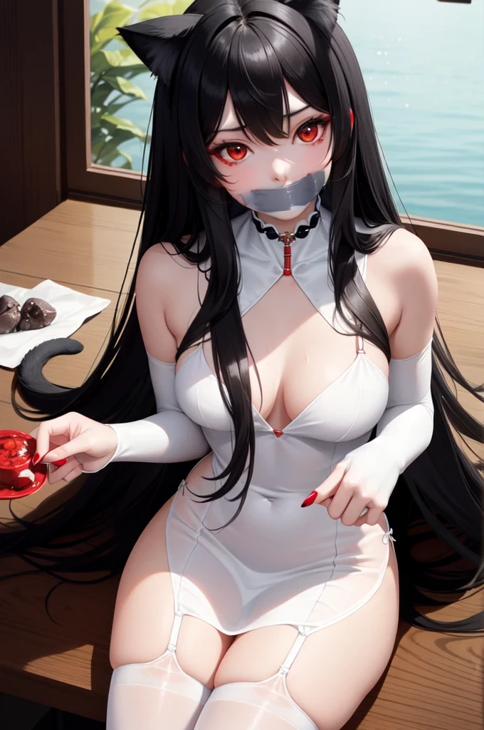 Detailed facial details，16 years old，1 girl，Red lips，Cat ear，Black long hair，Wearing a snow-white latex lace bikini，Large Breasts，Slim，Collar，Radiant Skin，Sitting on the grass，garden